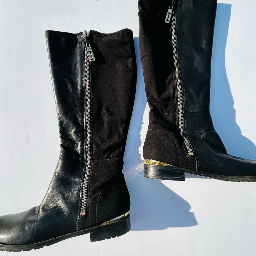 Isaac Mizrahi Black Leather Back Calf Stretch Material Riding Boots Size 9 - Picture 3 of 13